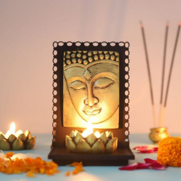 Buddha Idol With Wooden Base  and T light Holder