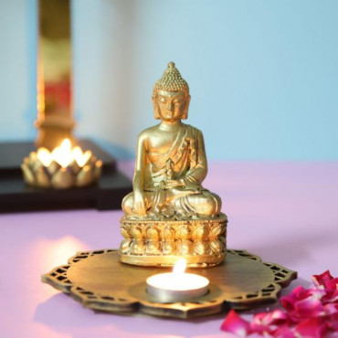 Golden Meditating Buddha with Designer Wooden Base and T light