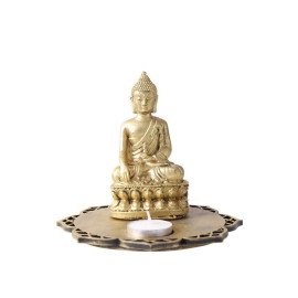 Golden Meditating Buddha with Designer Wooden Base and T light