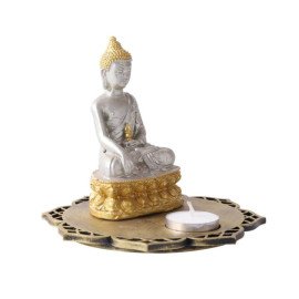 Silver Meditating Buddha with Decorative Wooden Base and T Light