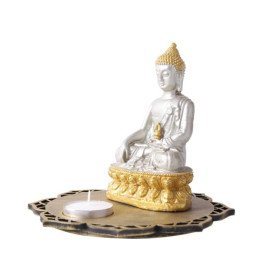 Silver Meditating Buddha with Decorative Wooden Base and T Light