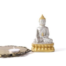 Silver Meditating Buddha with Decorative Wooden Base and T Light