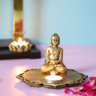 Buddha With Decorative Wooden Tray Base and T light