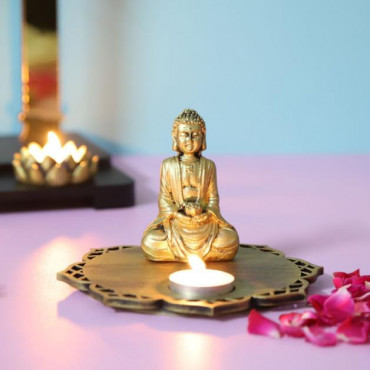 Meditating Buddha With Decorative Wooden Tray Base and T light