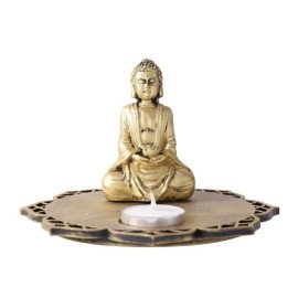 Meditating Buddha With Decorative Wooden Tray Base and T light