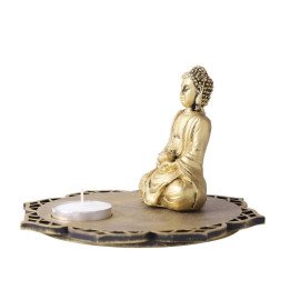 Meditating Buddha With Decorative Wooden Tray Base and T light