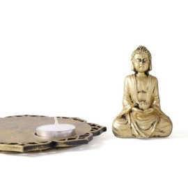 Meditating Buddha With Decorative Wooden Tray Base and T light