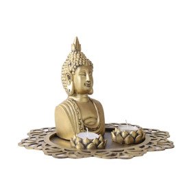 Buddha Head Idol With Decorative Wooden Tray and T light