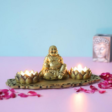 Laughing Buddha with Lotus Shape T light holders and Decorative Tray