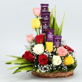 Mixed Roses Arrangement With Dairy Milk Chocolates