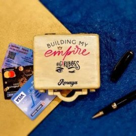Personalised Suitcase Shaped Wooden Pen and Card Holder for Girl Boss