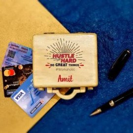 Personalised Suitcase Shaped Wooden Pen and Card Holder for Workaholic