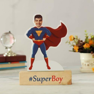 Personalized Superboy Caricature with Wooden Stand