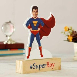Personalized Superboy Caricature with Wooden Stand
