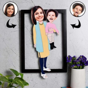 Personalized Wooden Caricature Photo Frame for Mom & Baby
