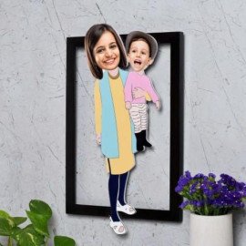Personalized Wooden Caricature Photo Frame for Mom & Baby