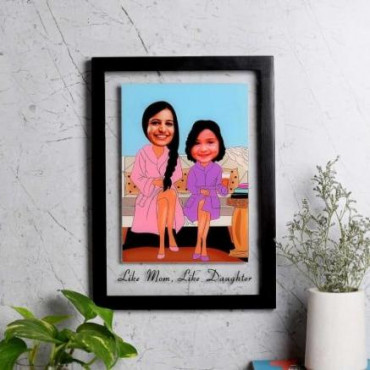 Personalized Wooden Caricature Photo Frame for Mom & Daughter