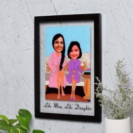 Personalized Wooden Caricature Photo Frame for Mom & Daughter