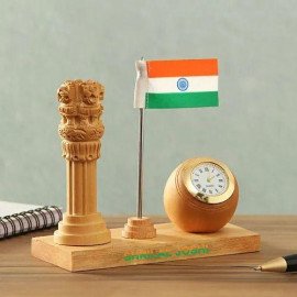 Personalized Wooden Ashok Stambh And Clock