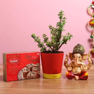 Raja Ganesha Idol Jade Plant With Gulab Jamun Comb..