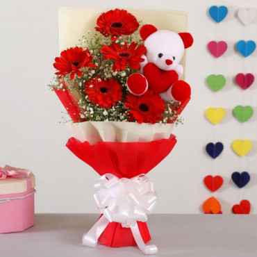 Red Gerberas Bouquet With Teddy Bear