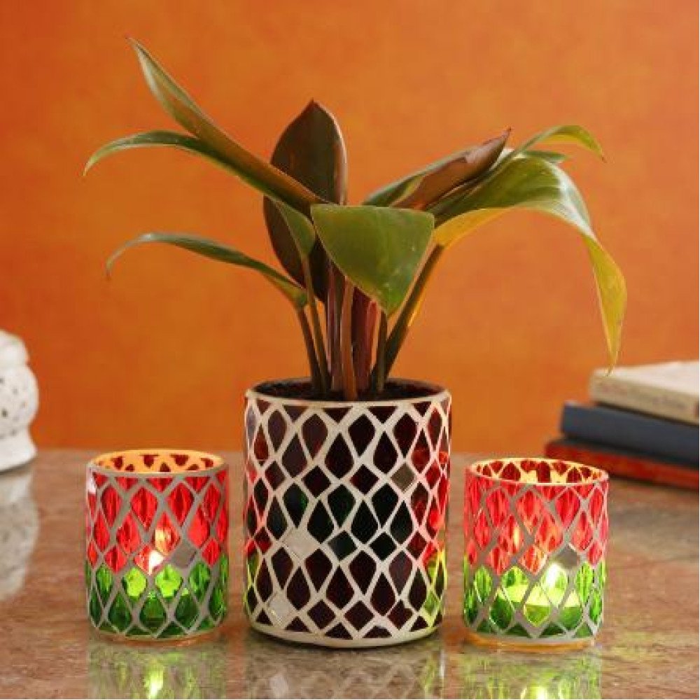 Red Philodendron Plant In Mosaic Mirror Pot And Votive Set