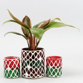 Red Philodendron Plant In Mosaic Mirror Pot And Votive Set