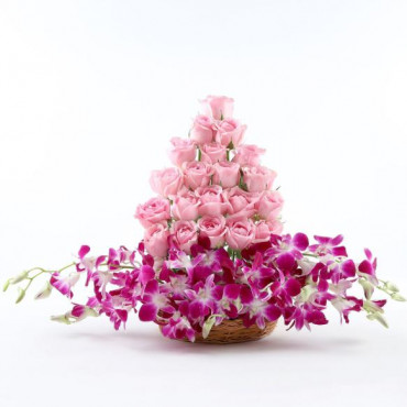 Roses And Orchids Basket Arrangement