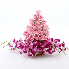 Roses And Orchids Basket Arrangement