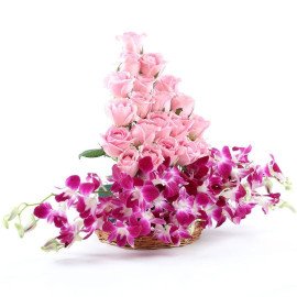 Roses And Orchids Basket Arrangement