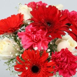 Roses Pink Carnations In Glass Vase