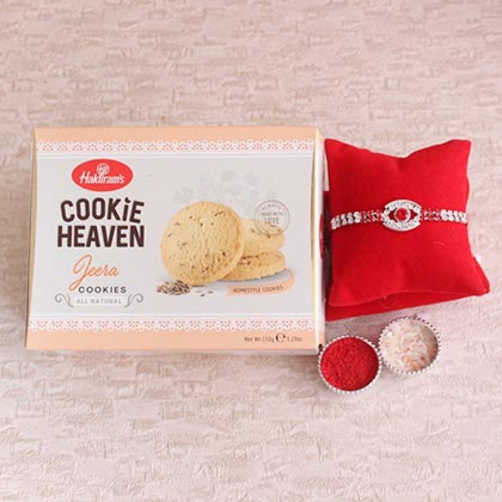 Silver Rakhi with Haldiram Jeera Cookies
