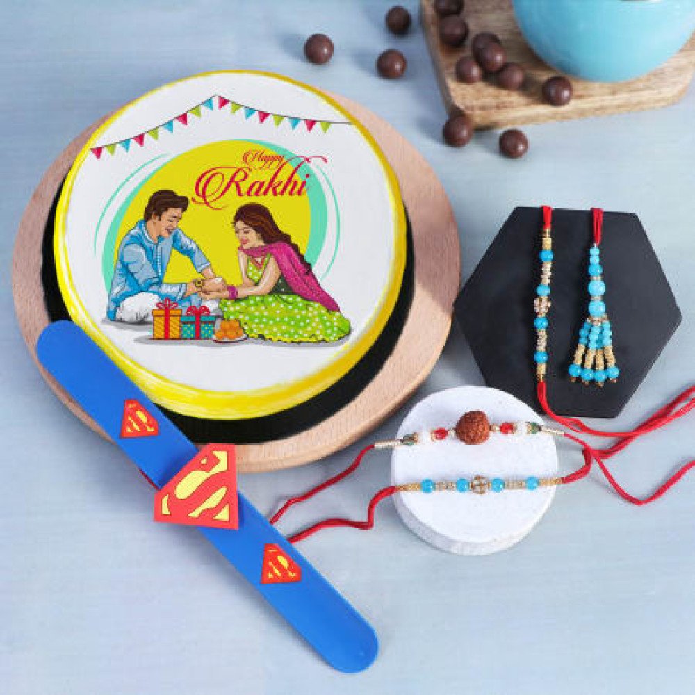 Family Rakhi Set Of 5 With Happy Rakhi Special Poster Cake (Half kg)