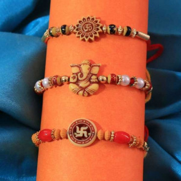 Om, Lord Ganesha, Swastik Set of 3 Rakhi