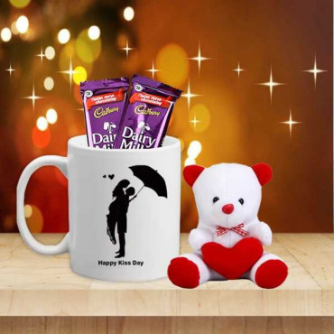 Kiss Day Mug With Sweet Teddy and Chocolate